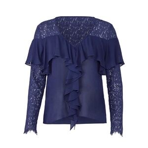 Nicole Miller Atelier Sheer Ruffle Silk Top V-Neck - Blue Lace - Size S or M